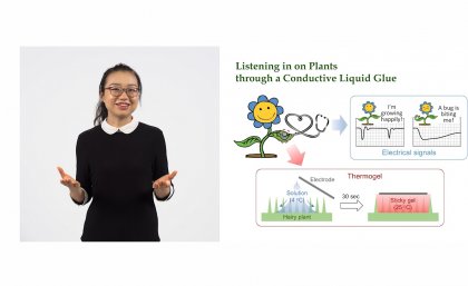 A still photo of Nanyang Technological University Singapore’s Yifei Luo presenting her winning 3MT ‘Listening in on Plants through a Conductive Liquid Glue’.